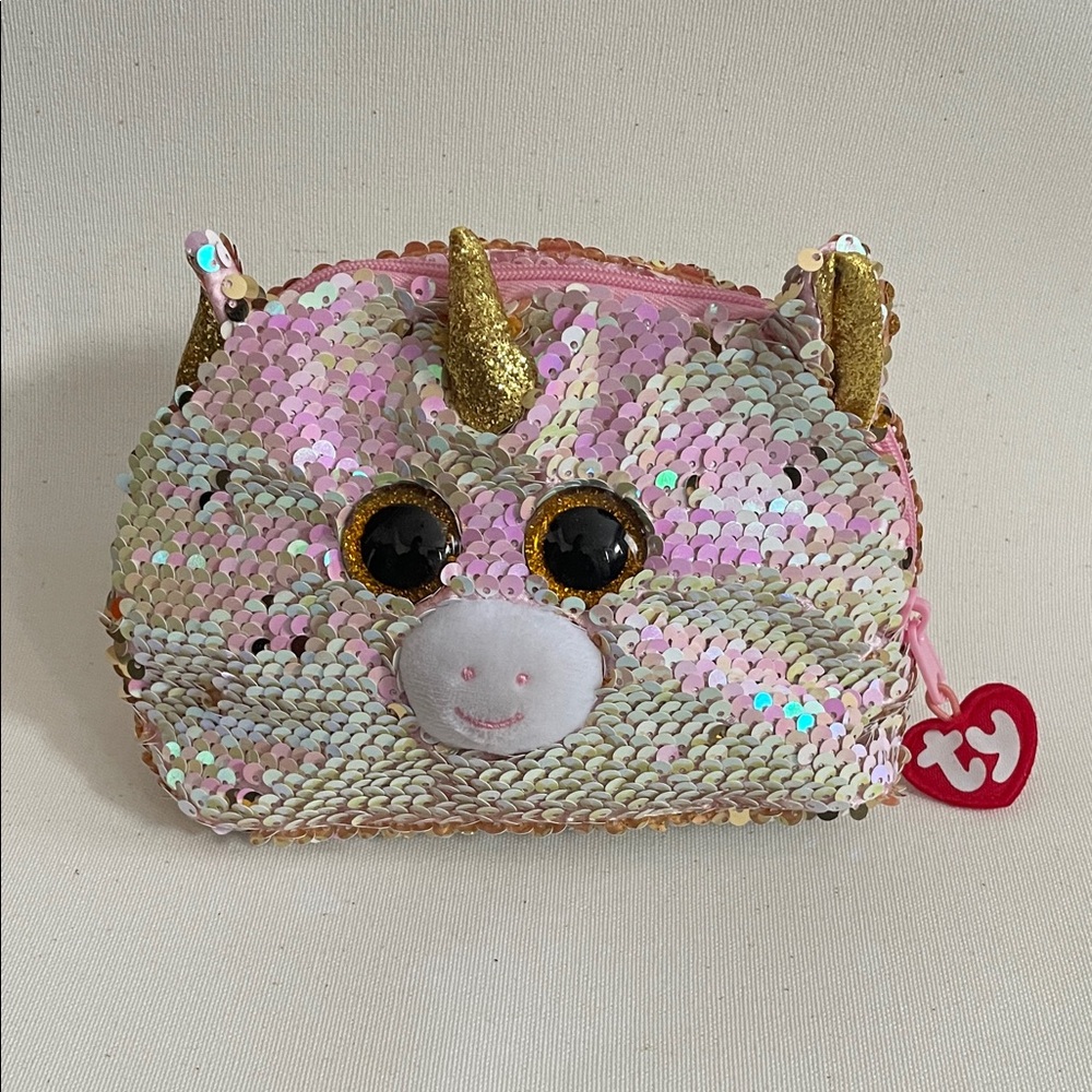 TY FANTASIA Sequin Unicorn Makeup Pouch with Gold Horns Girlhood Sparkle Fairy